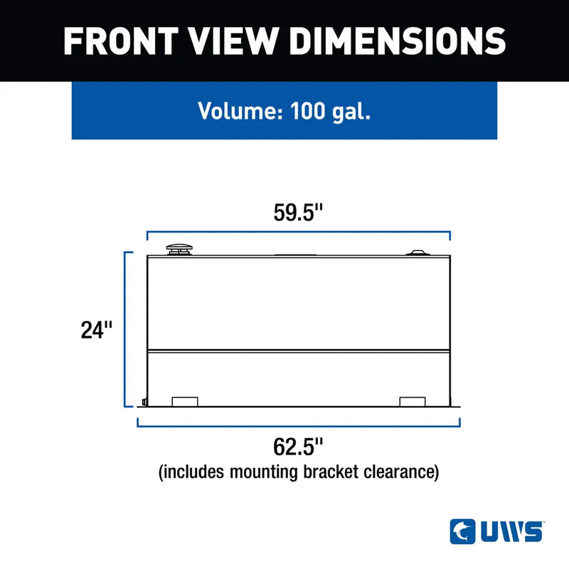 UWS TT-100-L-T-P-B 100-gallon l-shaped transfer tank in gloss black, FRONT VIEW DIMENSIONS drawing with measurements