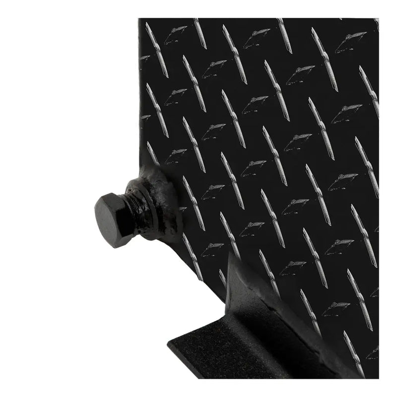 UWS TT-100-L-T-P-B 100-gallon l-shaped transfer tank in gloss black, close-up of a mounting bolt at the base