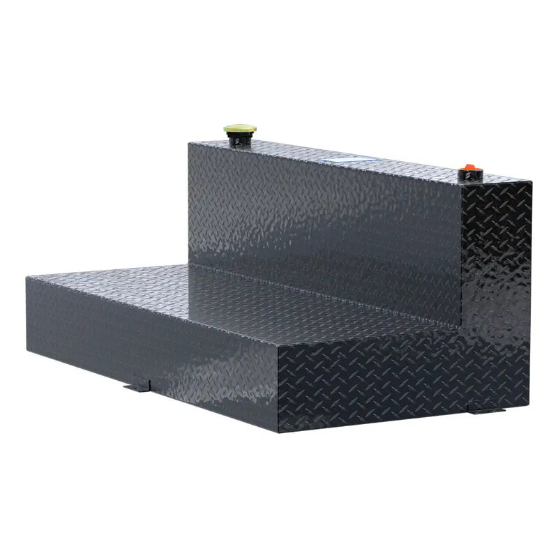UWS TT-100-L-T-P-B 100-gallon l-shaped transfer tank in gloss black, rear three-quarter view