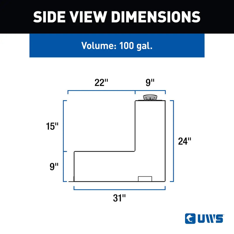 UWS TT-100-L-T-P-B 100-gallon l-shaped transfer tank in gloss black, SIDE VIEW DIMENSIONS drawing with measurements