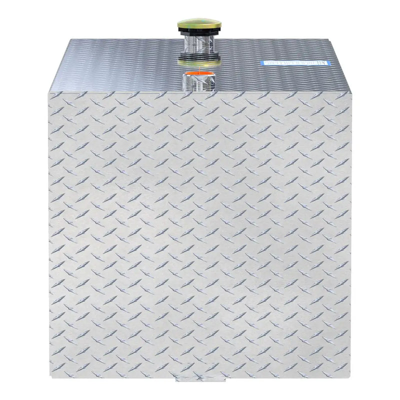 UWS TT-100-RT-T-P 100-gallon rectangular transfer tank in bright aluminum, end-on side view