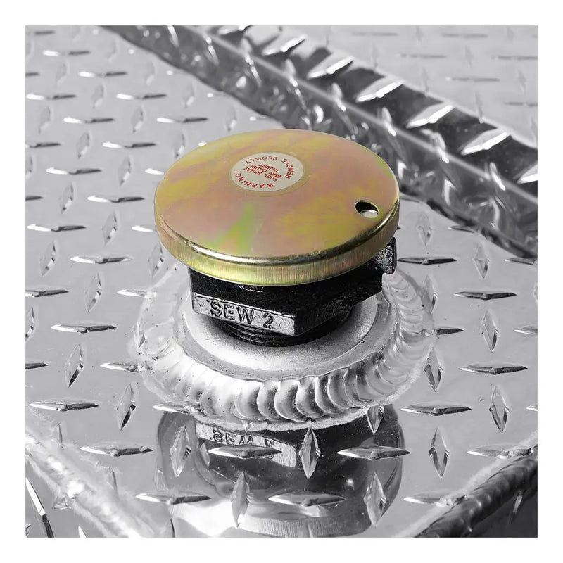 UWS TT-100-RT-T-P 100-gallon rectangular transfer tank in bright aluminum, close-up of the lockable vented fill cap