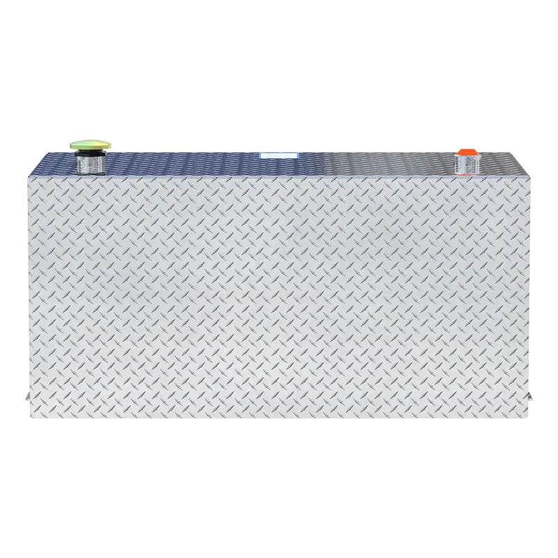 UWS TT-100-RT-T-P 100-gallon rectangular transfer tank in bright aluminum, straight-on front view