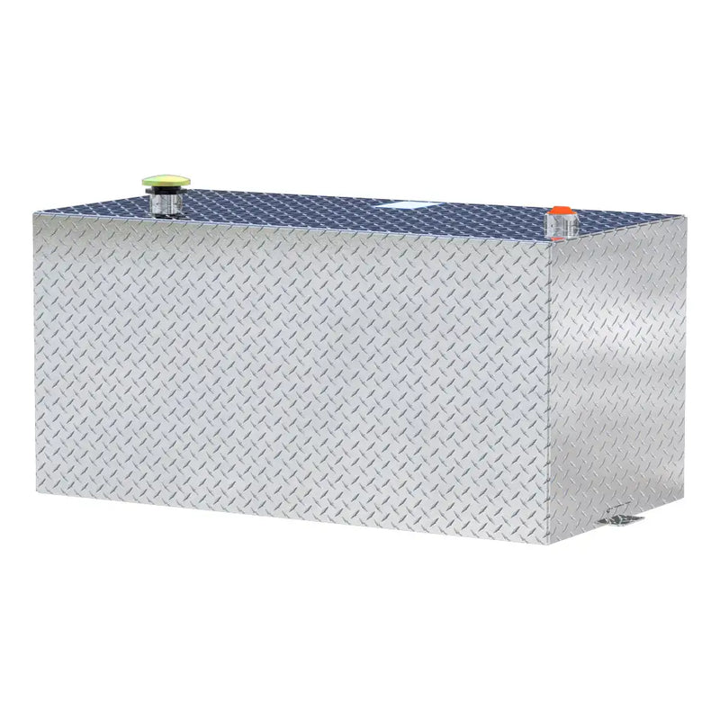 UWS TT-100-RT-T-P 100-gallon rectangular transfer tank in bright aluminum, front three-quarter studio view