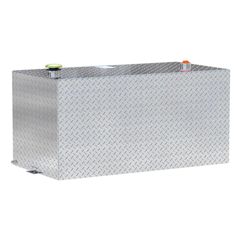 UWS TT-100-RT-T-P 100-gallon rectangular transfer tank in bright aluminum, three-quarter studio view