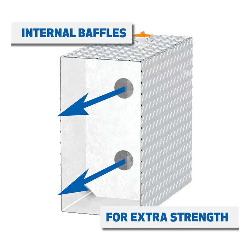 UWS TT-100-RT-T-P 100-gallon rectangular transfer tank in bright aluminum, cutaway diagram captioned INTERNAL BAFFLES FOR EXTRA STRENGTH