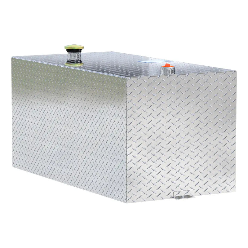 UWS TT-100-RT-T-P 100-gallon rectangular transfer tank in bright aluminum, rear three-quarter view