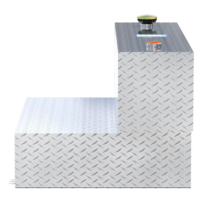 UWS TT-100HH 100-gallon l-shaped hammerhead transfer tank in bright aluminum, end-on side view
