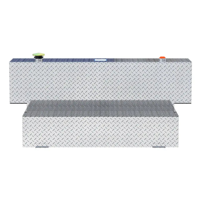 UWS TT-100HH 100-gallon l-shaped hammerhead transfer tank in bright aluminum, straight-on front view