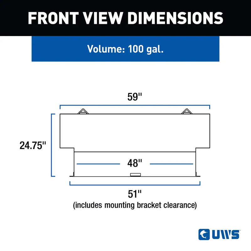 UWS TT-100HH 100-gallon l-shaped hammerhead transfer tank in bright aluminum, FRONT VIEW DIMENSIONS drawing with measurements