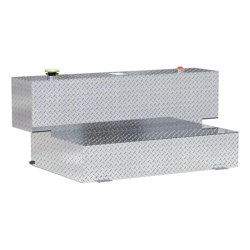 UWS TT-100HH 100-gallon l-shaped hammerhead transfer tank in bright aluminum, three-quarter studio view