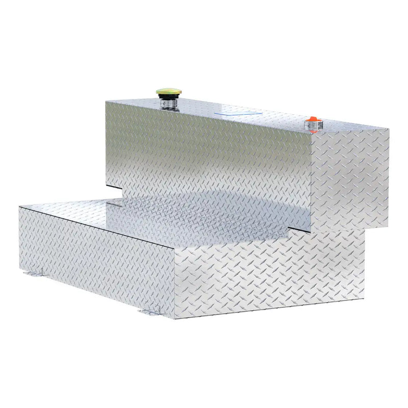 UWS TT-100HH 100-gallon l-shaped hammerhead transfer tank in bright aluminum, rear three-quarter view