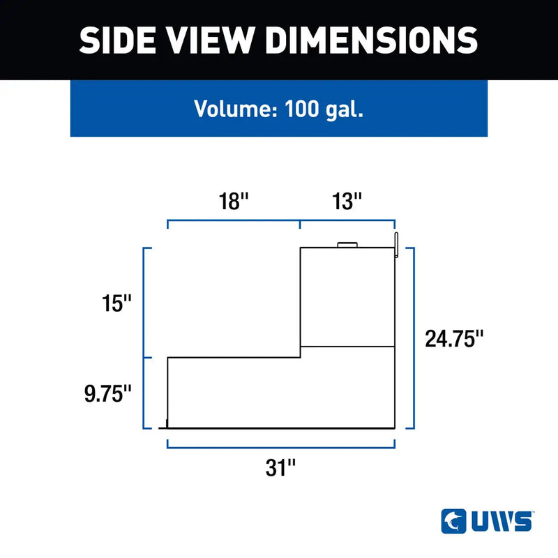 UWS TT-100HH 100-gallon l-shaped hammerhead transfer tank in bright aluminum, SIDE VIEW DIMENSIONS drawing with measurements