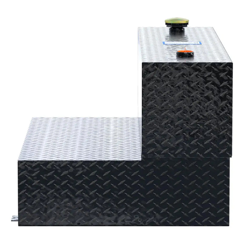 UWS TT-100HH-B 100-gallon l-shaped hammerhead transfer tank in gloss black, end-on side view