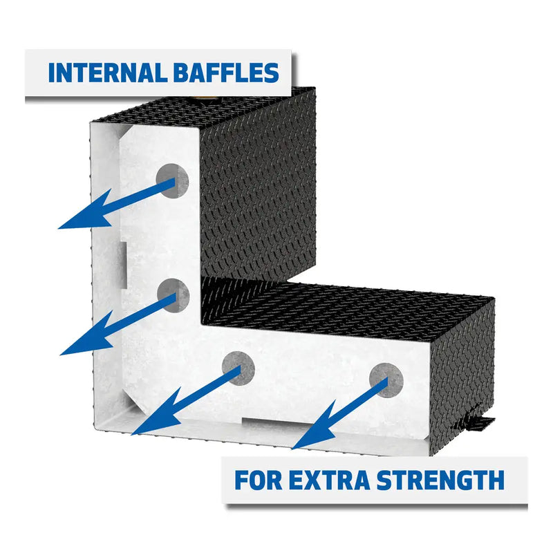 UWS TT-100HH-B 100-gallon l-shaped hammerhead transfer tank in gloss black, cutaway diagram captioned INTERNAL BAFFLES FOR EXTRA STRENGTH
