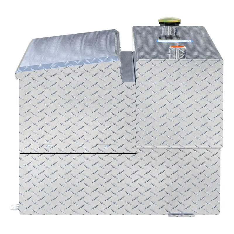 UWS TT-100HH-CB 100-gallon combo hammerhead transfer tank in bright aluminum, end-on side view