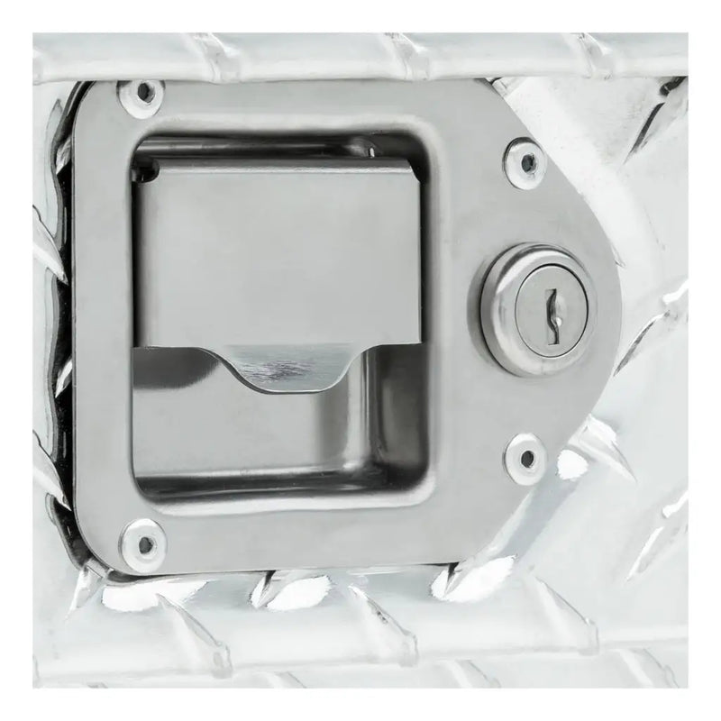 UWS TT-100HH-CB 100-gallon combo hammerhead transfer tank in bright aluminum, close-up of a stainless steel paddle lock handle