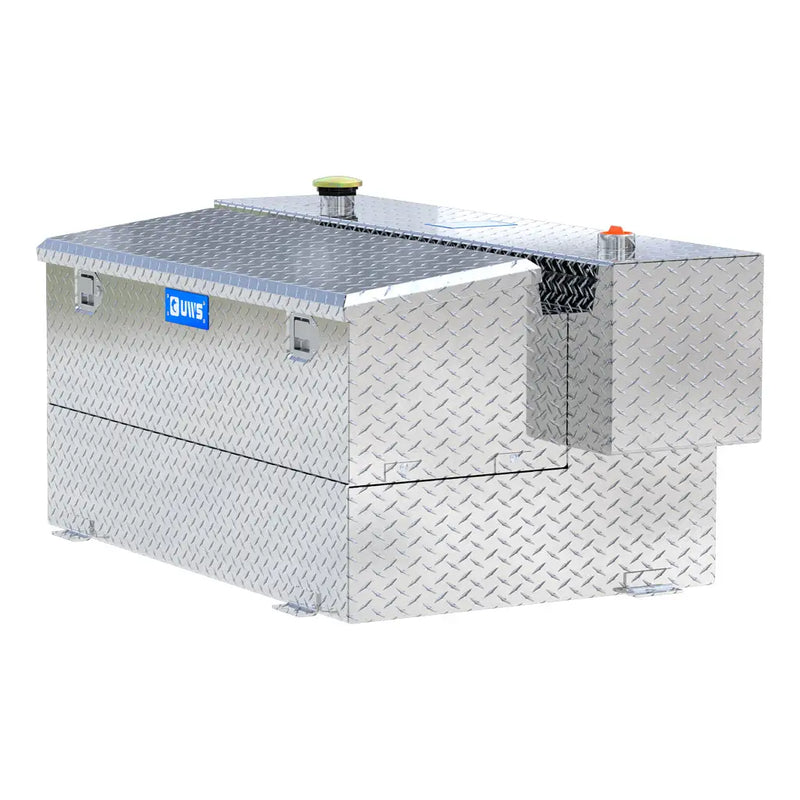 UWS TT-100HH-CB 100-gallon combo hammerhead transfer tank in bright aluminum, rear three-quarter view