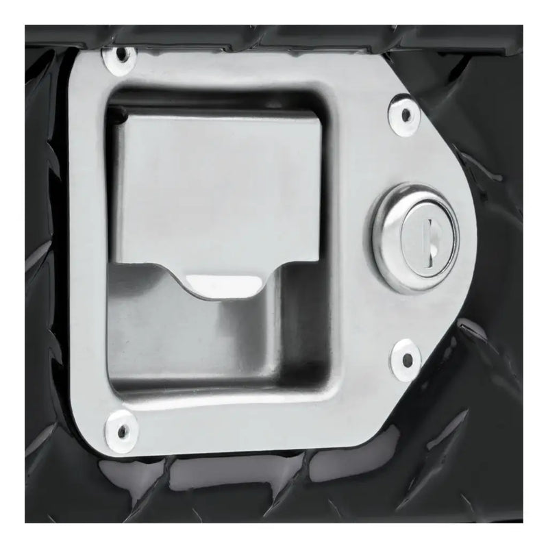 UWS TT-100HH-CB-B 100-gallon combo hammerhead transfer tank in gloss black, close-up of a stainless steel paddle lock handle