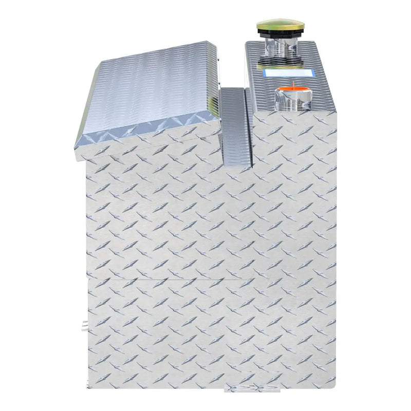 UWS TT-45-COMBO 45-gallon combo transfer tank in bright aluminum, end-on side view