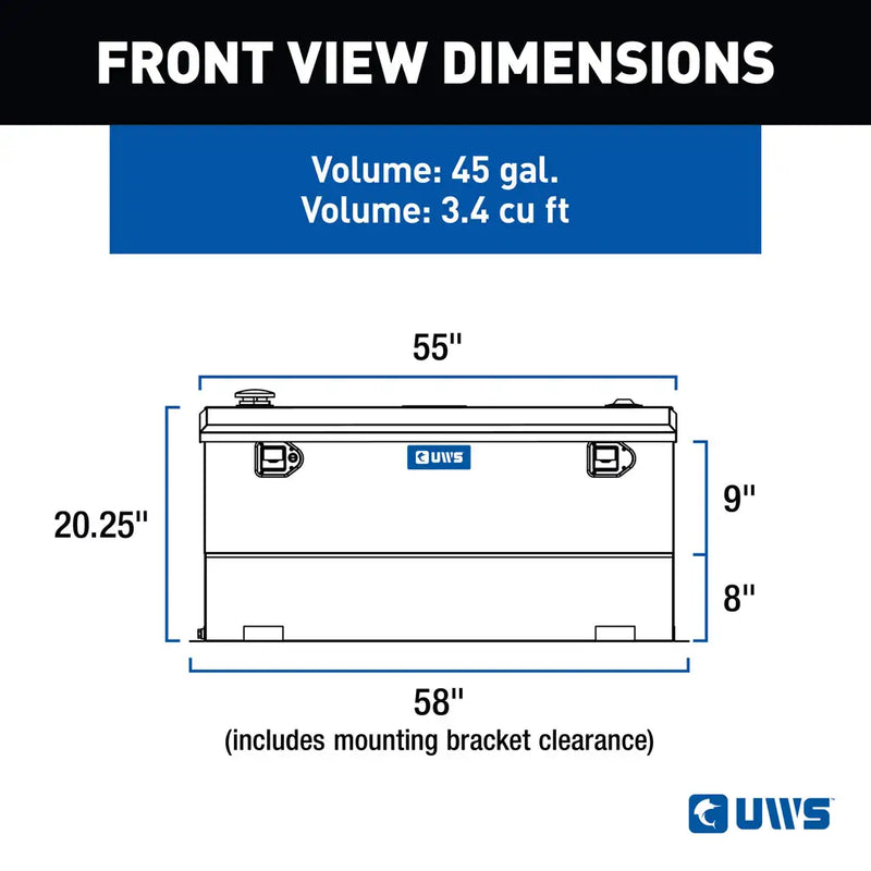 UWS TT-45-COMBO 45-gallon combo transfer tank in bright aluminum, FRONT VIEW DIMENSIONS drawing with measurements