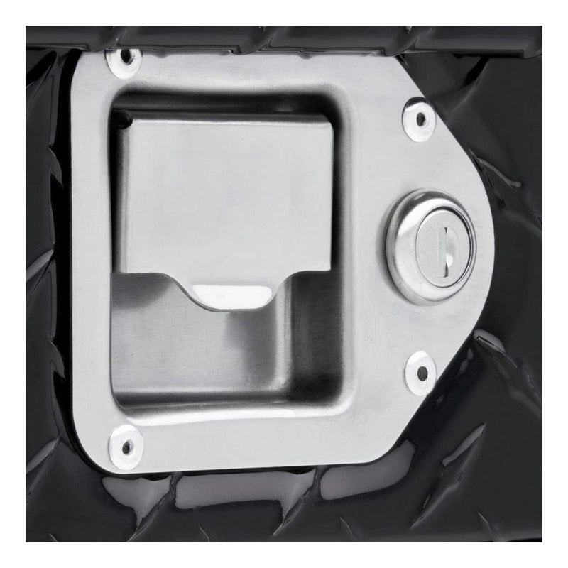 UWS TT-45-COMBO-BLK 45-gallon combo transfer tank in gloss black, close-up of a stainless steel paddle lock handle