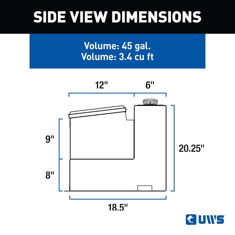 UWS TT-45-COMBO-BLK 45-gallon combo transfer tank in gloss black, SIDE VIEW DIMENSIONS drawing with measurements