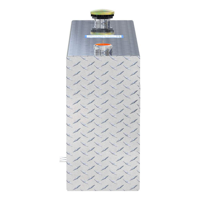 UWS TT-45-R-T-P 45-gallon rectangular transfer tank in bright aluminum, end-on side view