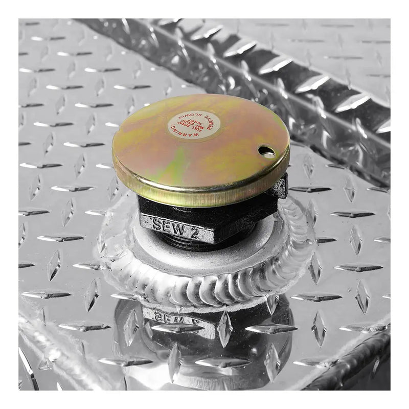 UWS TT-45-R-T-P 45-gallon rectangular transfer tank in bright aluminum, close-up of the lockable vented fill cap