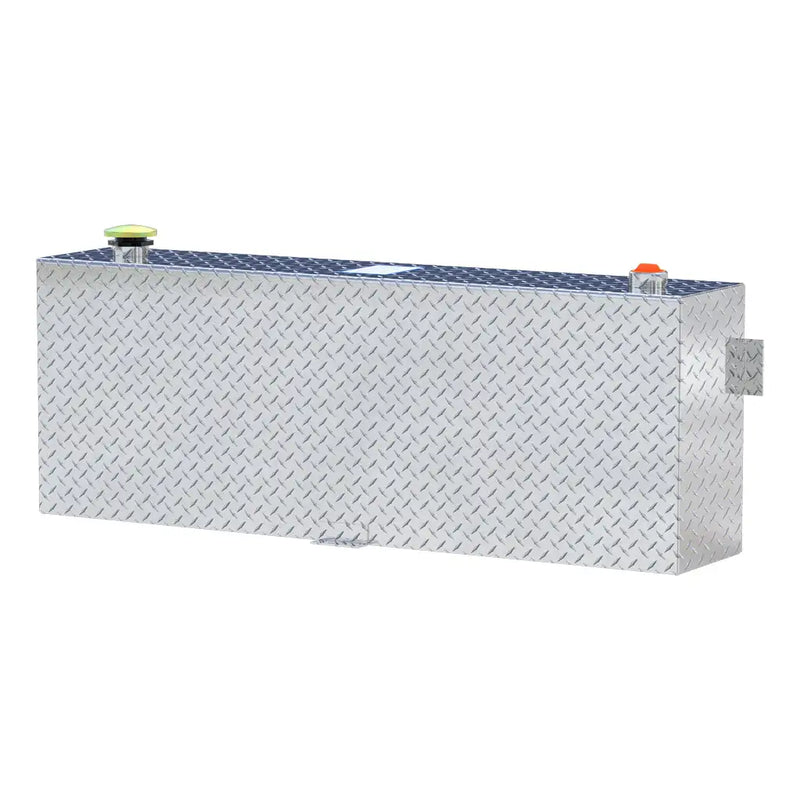 UWS TT-45-R-T-P 45-gallon rectangular transfer tank in bright aluminum, front three-quarter studio view