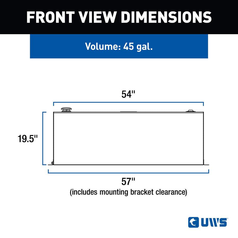 UWS TT-45-R-T-P 45-gallon rectangular transfer tank in bright aluminum, FRONT VIEW DIMENSIONS drawing with measurements