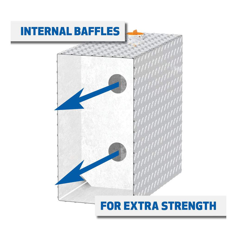 UWS TT-45-R-T-P 45-gallon rectangular transfer tank in bright aluminum, cutaway diagram captioned INTERNAL BAFFLES FOR EXTRA STRENGTH