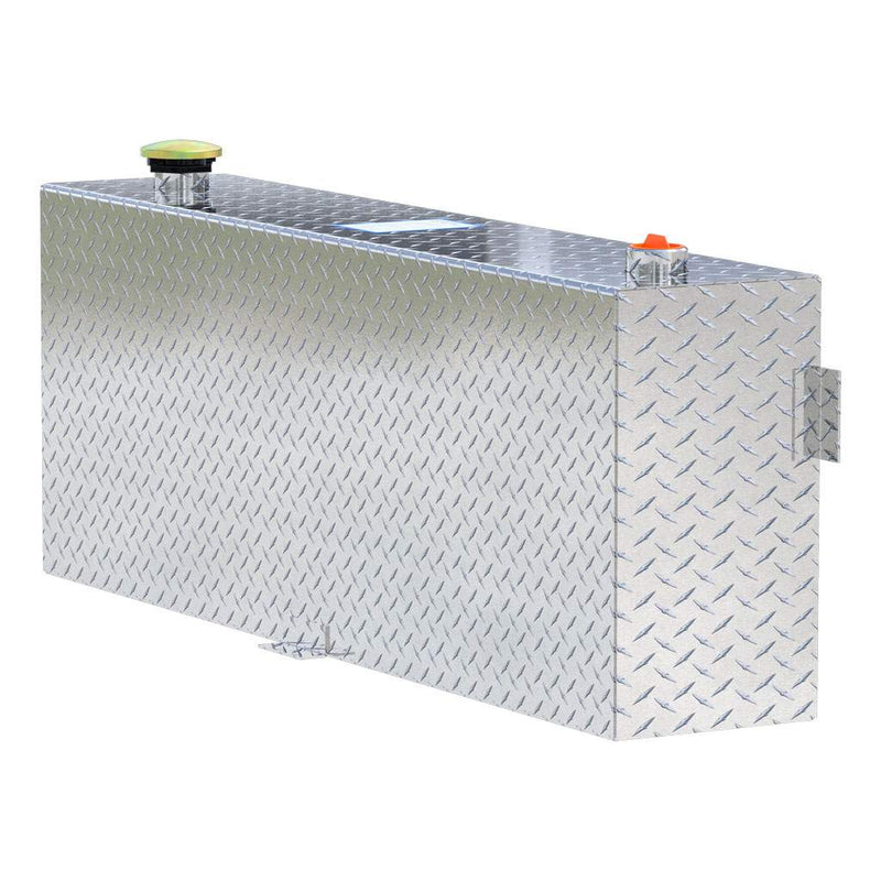 UWS TT-45-R-T-P 45-gallon rectangular transfer tank in bright aluminum, rear three-quarter view