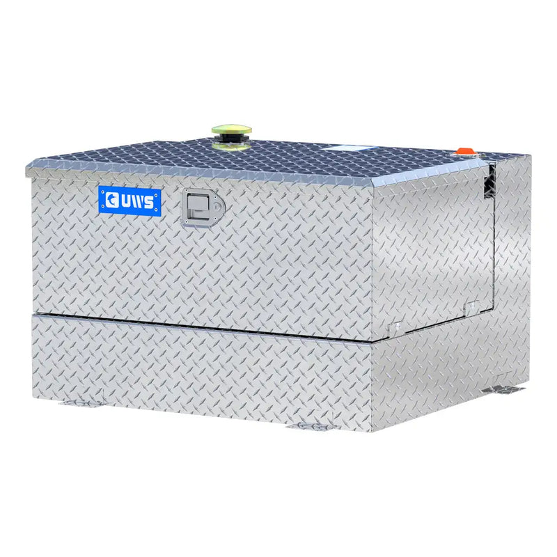 UWS TT-50-COMBO 50-gallon combo transfer tank in bright aluminum, front three-quarter studio view