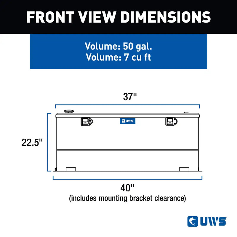 UWS TT-50-COMBO 50-gallon combo transfer tank in bright aluminum, FRONT VIEW DIMENSIONS drawing with measurements