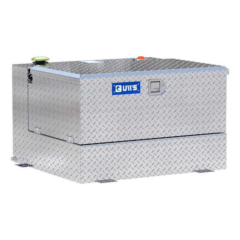 UWS TT-50-COMBO 50-gallon combo transfer tank in bright aluminum, three-quarter studio view