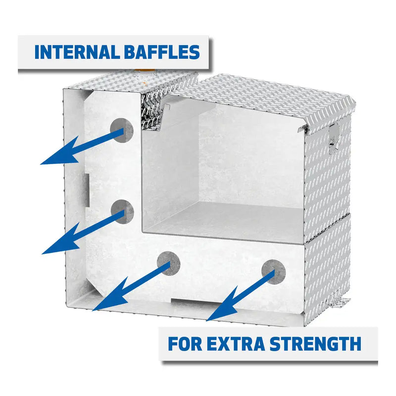 UWS TT-50-COMBO 50-gallon combo transfer tank in bright aluminum, cutaway diagram captioned INTERNAL BAFFLES FOR EXTRA STRENGTH