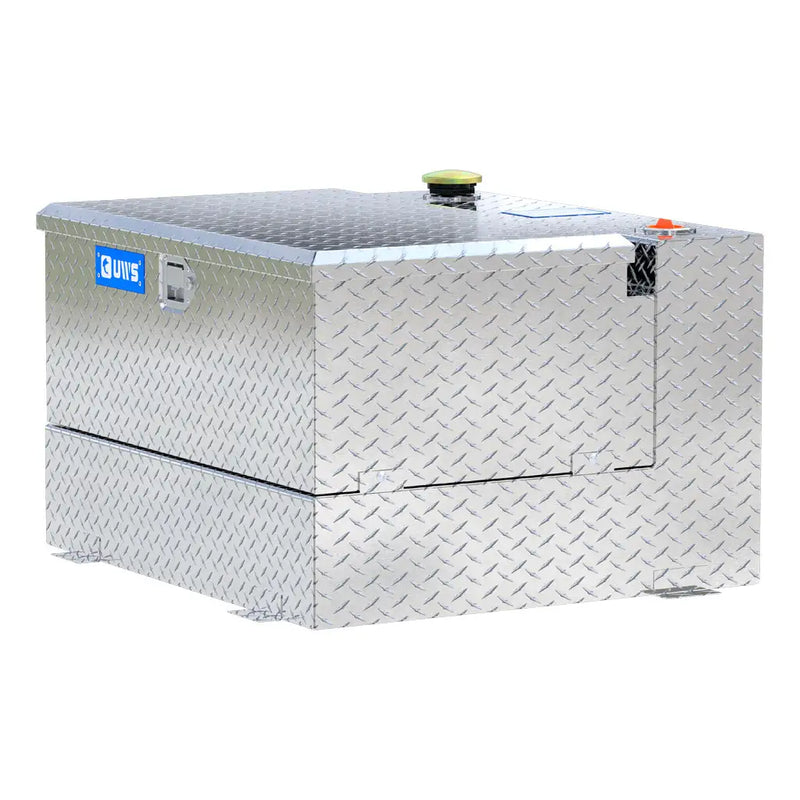 UWS TT-50-COMBO 50-gallon combo transfer tank in bright aluminum, rear three-quarter view