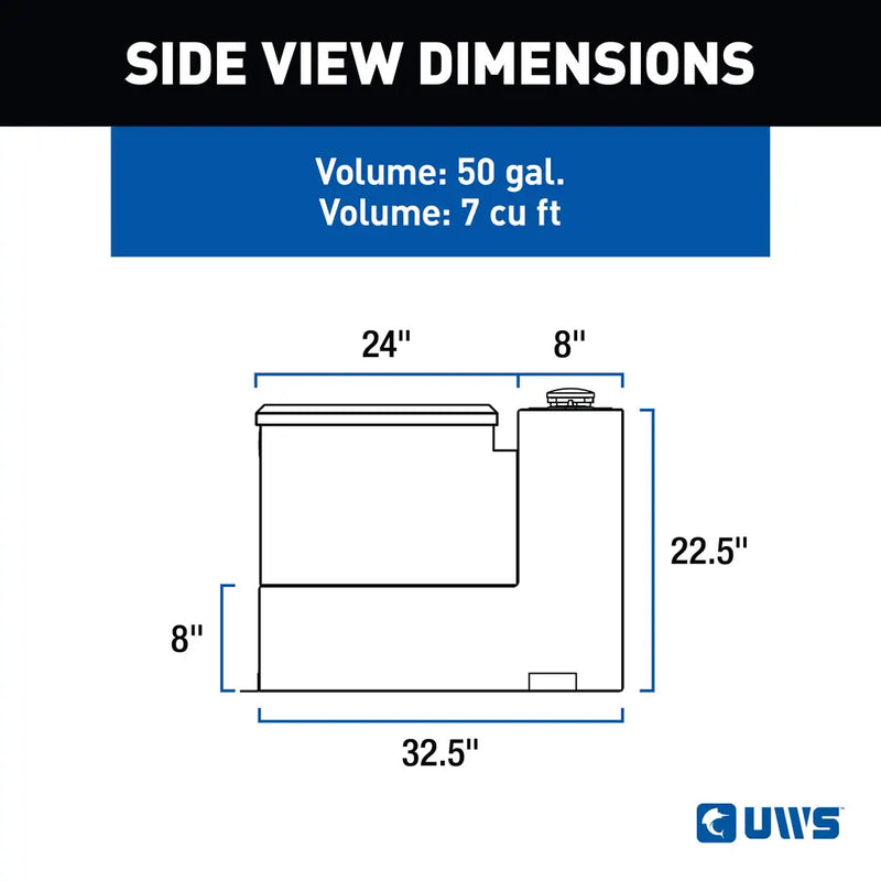 UWS TT-50-COMBO 50-gallon combo transfer tank in bright aluminum, SIDE VIEW DIMENSIONS drawing with measurements