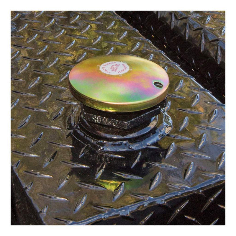 UWS TT-50-COMBO-BLK 50-gallon combo transfer tank in gloss black, close-up of the lockable vented fill cap