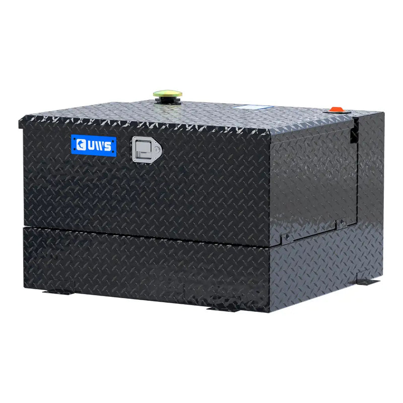 UWS TT-50-COMBO-BLK 50-gallon combo transfer tank in gloss black, front three-quarter studio view