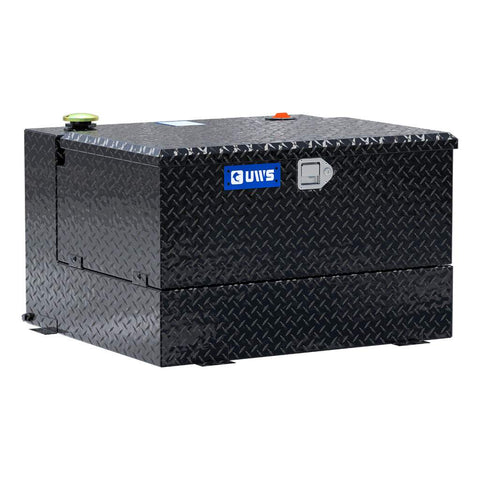 UWS TT-50-COMBO-BLK 50-gallon combo transfer tank in gloss black, three-quarter studio view
