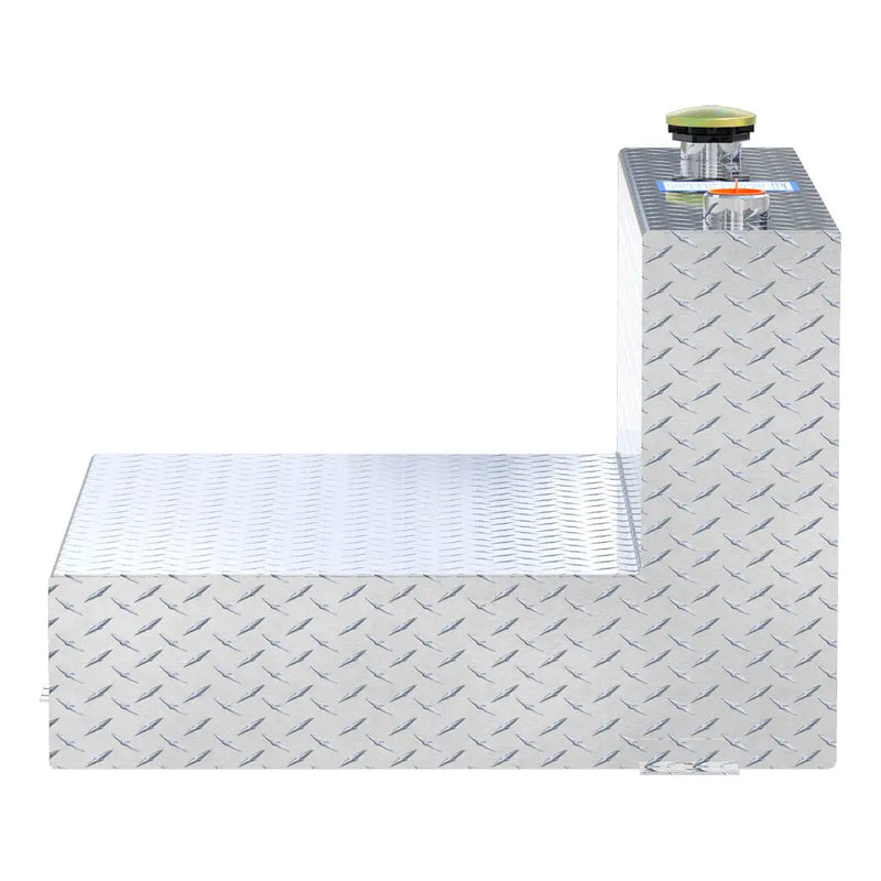 UWS TT-50-L-T-P 50-gallon l-shaped transfer tank in bright aluminum, end-on side view