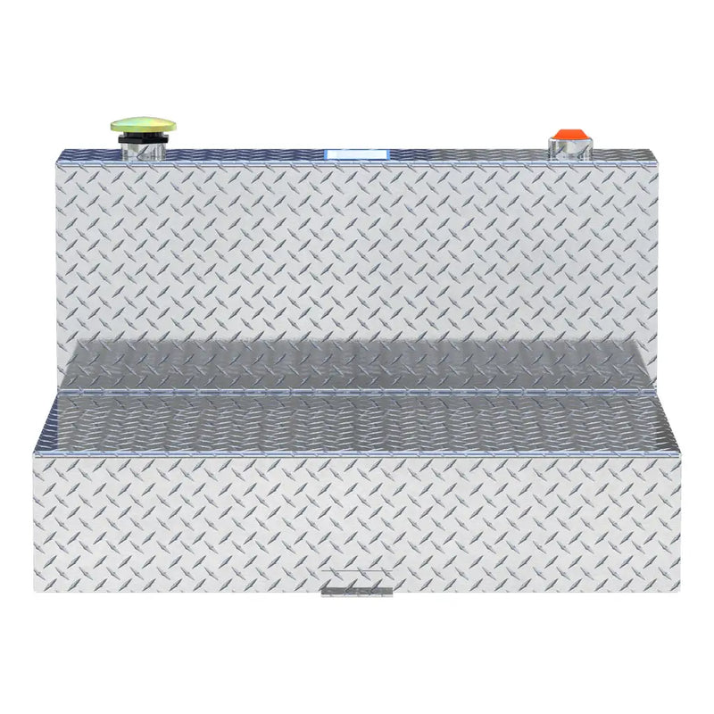 UWS TT-50-L-T-P 50-gallon l-shaped transfer tank in bright aluminum, straight-on front view