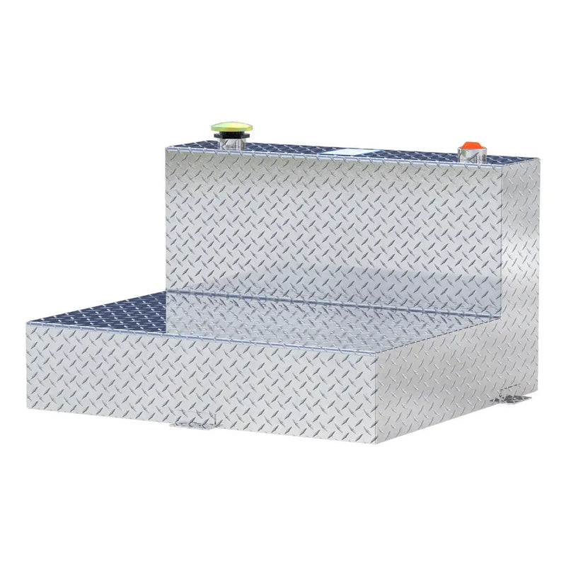 UWS TT-50-L-T-P 50-gallon l-shaped transfer tank in bright aluminum, front three-quarter studio view