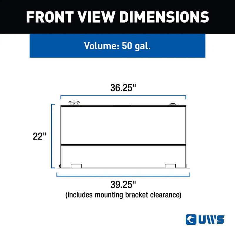 UWS TT-50-L-T-P 50-gallon l-shaped transfer tank in bright aluminum, FRONT VIEW DIMENSIONS drawing with measurements