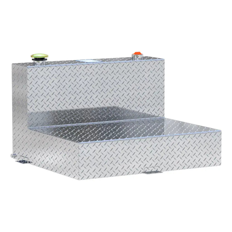 UWS TT-50-L-T-P 50-gallon l-shaped transfer tank in bright aluminum, three-quarter studio view