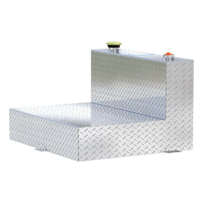 UWS TT-50-L-T-P 50-gallon l-shaped transfer tank in bright aluminum, rear three-quarter view