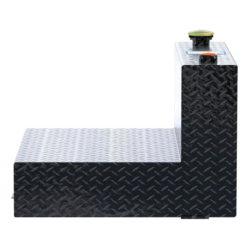 UWS TT-50-L-T-P-BLK 50-gallon l-shaped transfer tank in gloss black, end-on side view