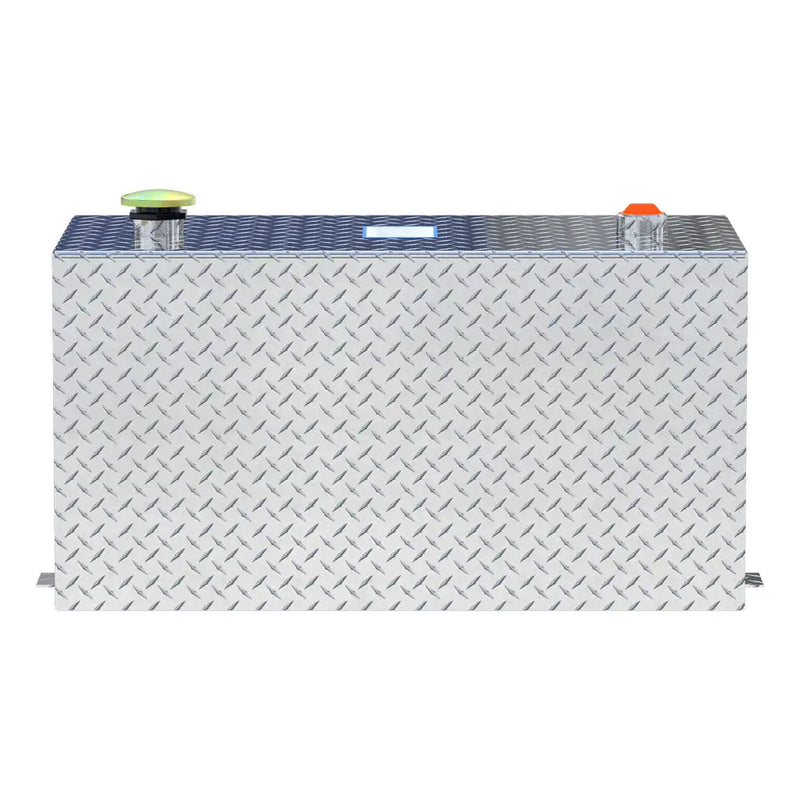 UWS TT-50-R-T-P 50-gallon rectangular transfer tank in bright aluminum, straight-on front view